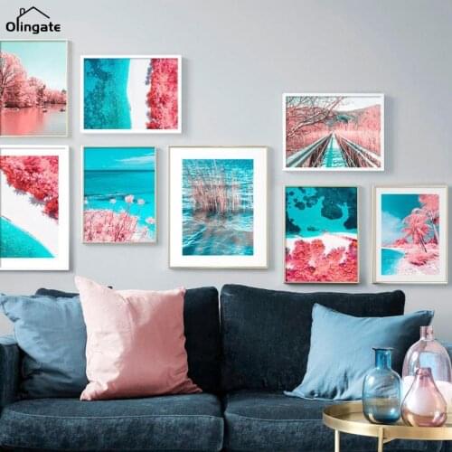 Pink Forest Flower Beach Sea Canvas Painting Nordic Posters and Prints Landscape Wall Art Pictures for Living Room Decor