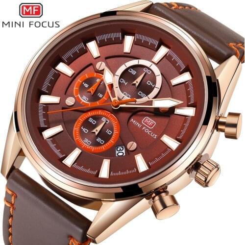 MINIFOCUS Men Watch Top Luxury Brand Genuine Leather Chronograph Quartz Male Watches Multifunction Calendar Display Clock