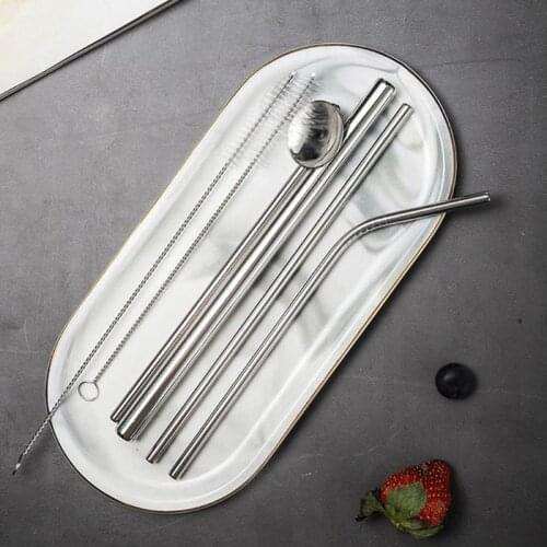Reusable Drinking Straw Set Stainless Steel Coffee Tea Straw Set with Cleaning Brush Coffee Teaspoon Drinking Tools