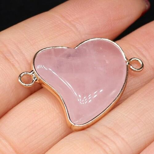 Natural Crystal Pendant Connectors Heart-shaped Gold-plated Rose Quartz Charms for Jewelry Making Necklace Gift