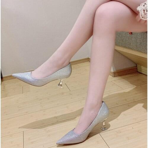 New Glittering Sequined Cloth Women Pumps Fashion High Heels Shoes Womens Pointed Toe Shallow Wedding Shoes Office Shoes W32-45