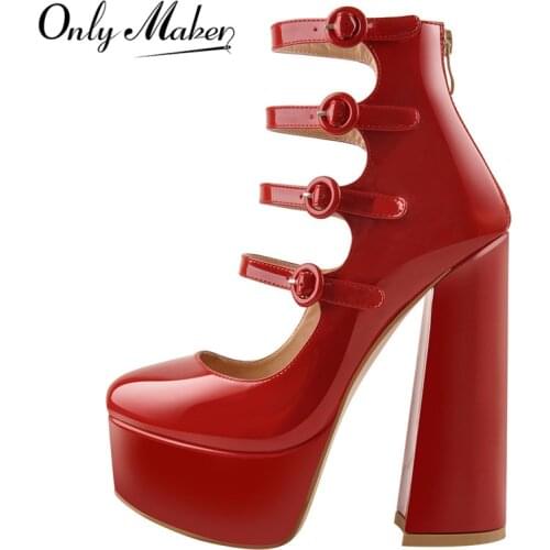 Onlymaker Womens Platform Round Toe Chunky Square Heels Ankle Wrap Sandals Red And Nude Party Buckle Strap Shoes