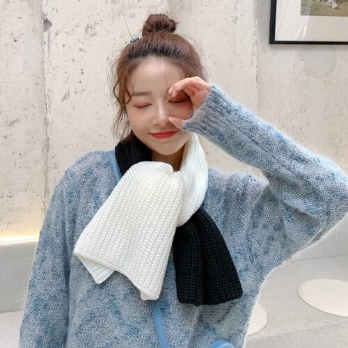 Autumn Winter Ladies Warm Thick Solid Color Black and White Muffler Neckerchief Long Narrow Patchwork Knitted Women Scarf