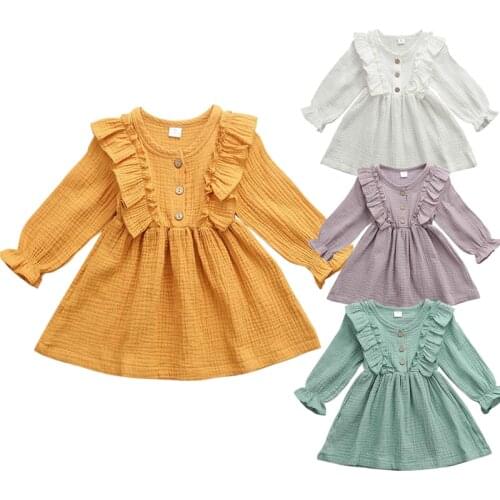 Toddler Baby Dress Kids Girls Clothes Long Sleeve Solid Button Ruffle Dress For Girl Summer Beach Party Princess Dresses 1-6Y