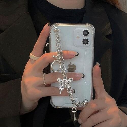 Shockproof Butterfly&key Wrist Chain Case for Iphone 12 11 Pro XS Max XS XR 8 7 Plus SE 2020 Metal Bracket Hanging Strap Cover