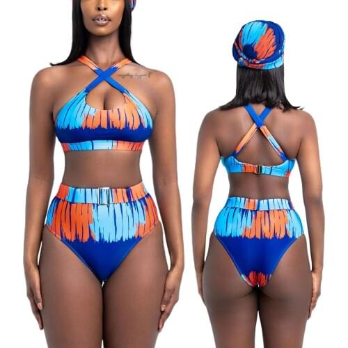 Geometric Printing Two Piece Swimwear Women Ladies Summer Split Set High Waist Back Strap Sexy Backless Bikini Beach Swimsuit