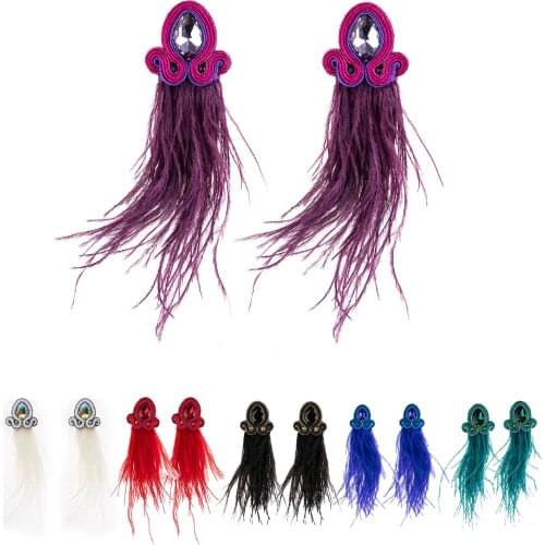 Handmade Soutache feather earrings for women Fashion jewelry weaving tassel lightweight earring crystal Accessories purple white