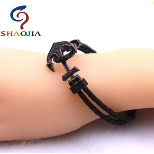 SHAOJIA Fashion Womens Bracelet Black Zircon Black Knitting Rope Anchor Leather Bracelet Retro Style Womens Bracelet