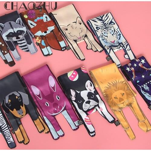Fashion Funny Cute Cartoon Animal Bulldog/raccoon/cat/tiger Luxury Brand Bags Silk Scarf For Women Fashion shawl For Women Plaid
