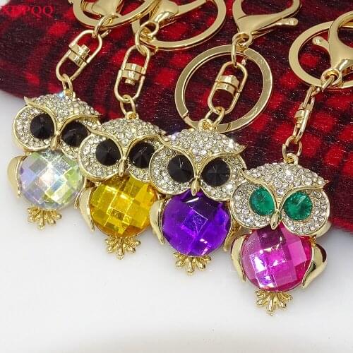 Cute jewelry animal shape keychain quality crystal owl keychain ladies gift and belt buckle jewelry handmade leather keychain