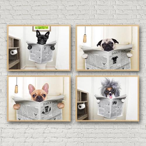 Nordic Poster Dog Reading Newspaper Canvas Painting Wall Art Funny Dog Toilet Art Poster Decoration Wall Pictures For Bathroom