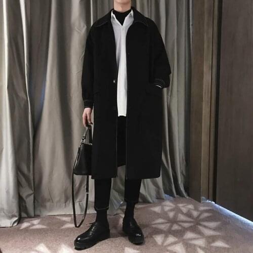 Spring and Autumn New Dark Bright Line Windbreaker Mens Mid-Length Baggy Coat Japanese Black Parka Clothing Fashion