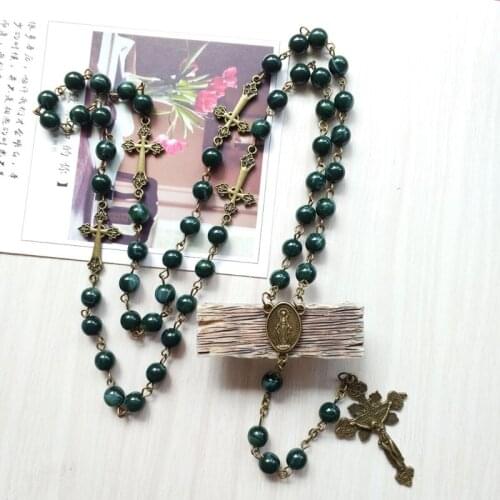 Vintage Religion Rosary Necklace Alloy Virgin Jesus Cross Pendant Beads Chain
