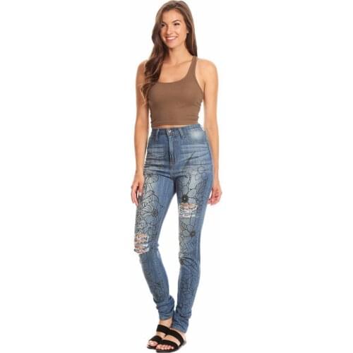 Women Skinny Ripped Hole Jeans Push Up Mid Waist Pants Lady Casual Slim Fit Long Pants Female Trousers