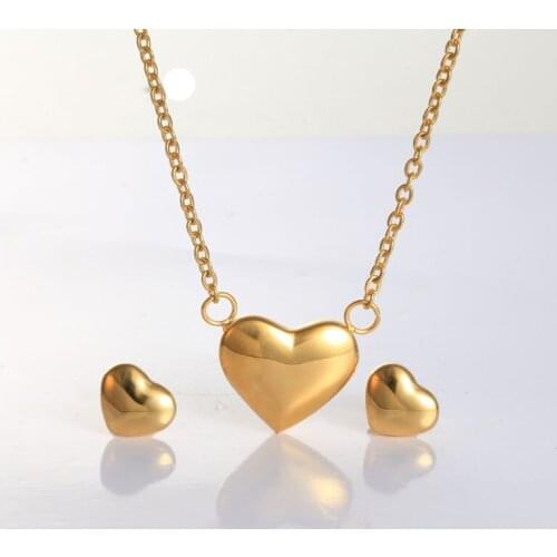 Gold color stainless steel love heart pendant jewelry sets for women bisuteria, cute earrings necklace set bijoux femme brinco