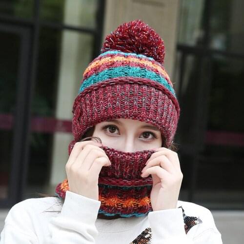 3 in 1 Winter Knitted Beanie Hat and Circle Scarf Set With Face Mask Women Warm Knitted Scarf Girls Knit Beanie Ski Hat