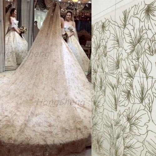 3Y/Lot mesh lace Light gold nude pink flower bronzed fabric for wedding dress transparent mesh