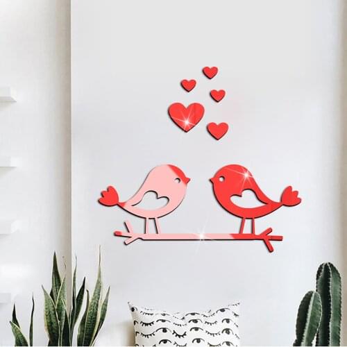KAKUDER Love Birds Acrylic Mirror Stickers Waterproof Self-adhesive Valentines Day 3D Wall Stickers vinilo decorativo pegatinas