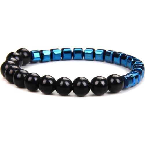 New Fashion Blue Square Hematite Stone Bracelet Men 8mm Round Natural Onyx Beads Energy Elastic Bracelet Jewelry for Male Women