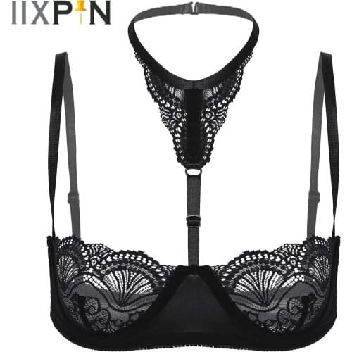 Womens Erotic Sexy Bra See-Through Lace Bra Tops Halter Neck Underwired Unlined Lingerie See-through Brassiere Underwear