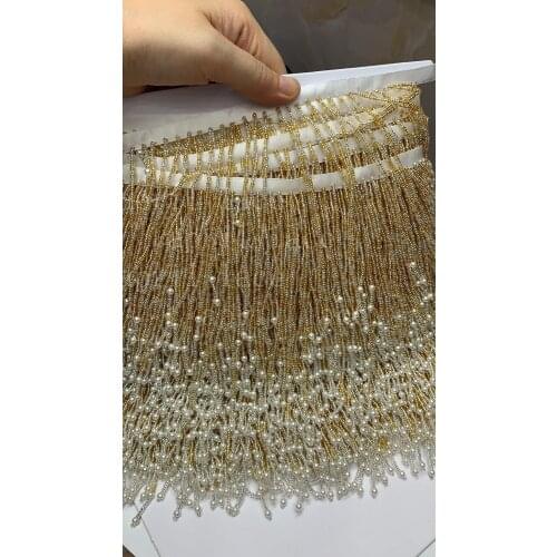 Cou001# 10 yards/bag 12-13 cm width golden beads ribbon fringe tassel for garment/decorative/home/wedding bridal gown dress