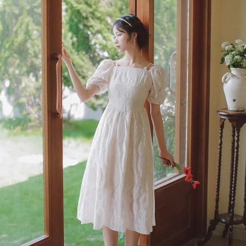 Elegant Retro Dress Vestidos Summer Chiffon Jacquard Beaded Shoulder Strap Square Neck Chic French Midi Dress