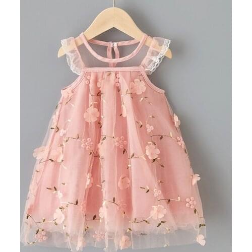 Oso Feliz 2021 Summer Girls Lace Gauze Dress Embroidered Baby Trend Flower Sleeveless Princess Skirt Soft Fabric Kids Clothing