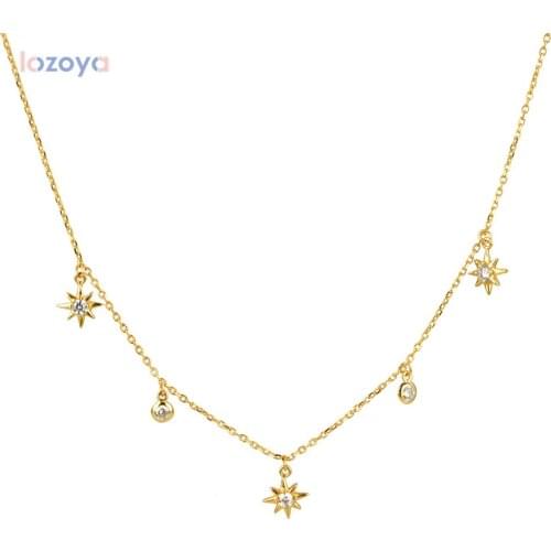 LOZOYA 925 Sterling Silver Gold Zircon Luxury Mini CZ Chain Flower Star Chains Choker Necklace 2021 Charm Crystal Jewelry
