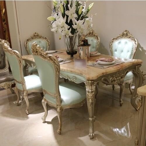European style marble dining table 1.6 / 1.8 meters solid wood rectangular dining table 6 people dining table classical American