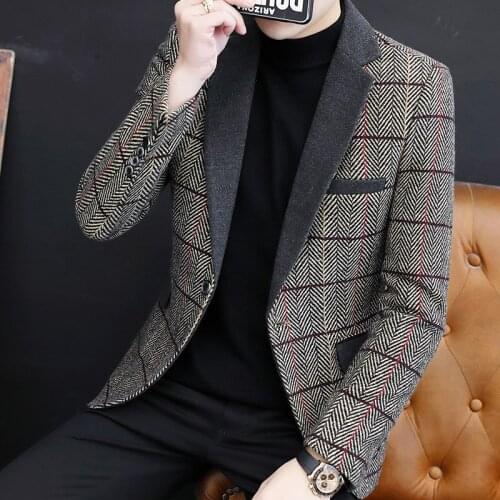 Plaid Men Blazers Winter Woolen Suit Jacket British Style Stitching Trench Coat Slim Business Casual Dress Coats Costume Homme
