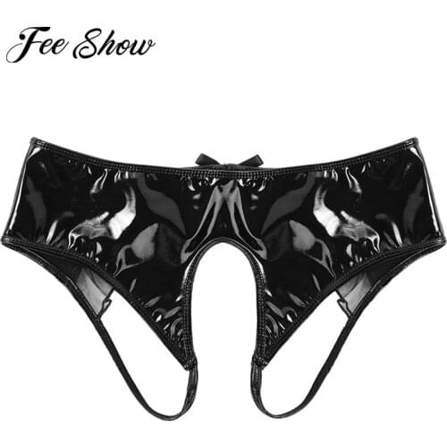 Men Wet Look Patent Leather Lingerie Latex Panties Open Crotch with Sheer Organza Trim Briefs Underwear Crotchless Sissy Panties