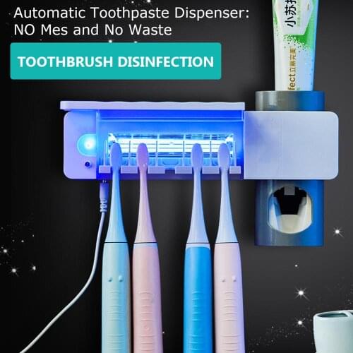 UV Toothbrush Holder Rack Sterilizer Cleaner Toothpaste Dispenser Wall Mounted