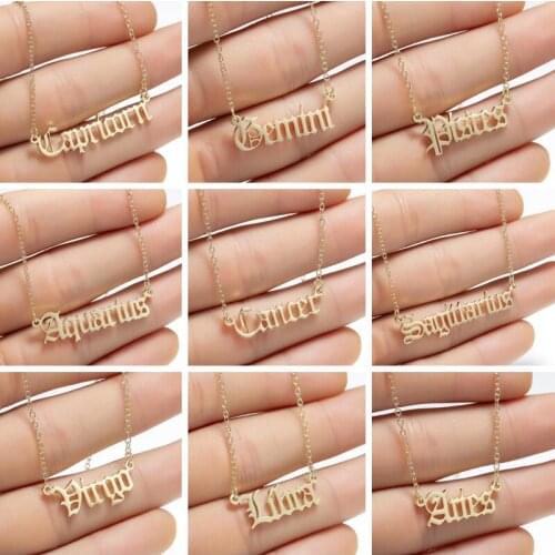 12 Constellation Stainless Steel Zodiac Necklace Old English Letter Leo Aries Virgo Alphabet Necklaces For Women Birthday Gift