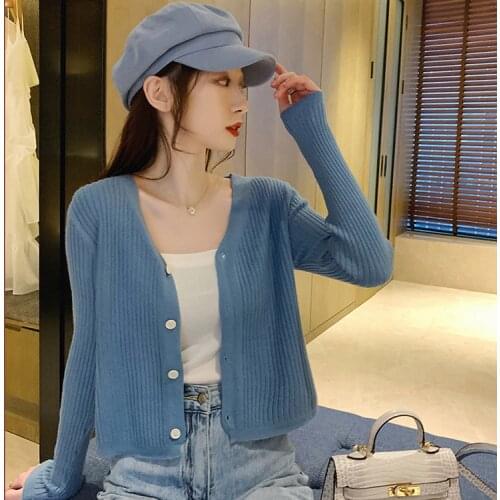 EasyGarment 2021 Spring New Womens Coat Crop Top Sweater Womens Jacket Short Korean Style Trendy Thin Small Cardigan