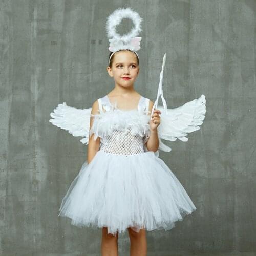 Girls Angel Wing Tutu Dress White Halloween Costume Dresses Baby School Party Dress For Performance Kid Cosplay Costume Disguise
