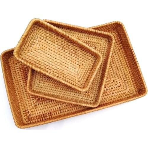 Rattan Wicker Serving Tray Rectangular Decorative Organizer for Coffee Table Fruit Drinks Snack Bathroom Platter Kitchen