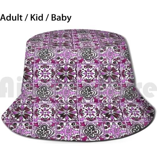 Pink Spanish Tiles Sun Hat Foldable UV Protection Spanish Tiles Azulejos Watercolor Tile Cute Pink Spain Europe