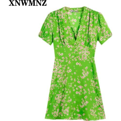 XNWMNZ 2021 Korean Style Green Floral Print V Neck Women Summer Dress Chic Lantern Sleeve High Waist Female Short Dresses Robe