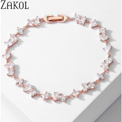 ZAKOL New Square Rose Gold Color Leaf Charm Cubic Zirconia Bracelet & Bangles for Women Trendy CZ Crystal Bride Wedding Jewelry