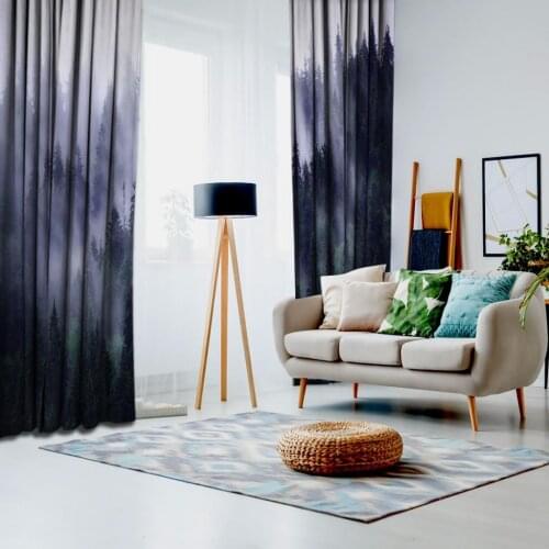 Printed Fund Curtain Green Navy Blue Fog Effect Distant Forest Pattern