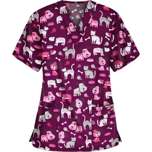 New Stylish Print T-shirt Cartoon Print Pockets Top Women Short Sleeve V Neck Blouse Working Uniform for Summer