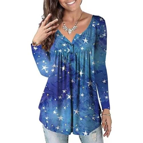 Autumn Women Flower Star Print Open Tube Button V-Neck Long-Sleeve T-Shirt 2021 New Fashion Casual Splice Loose Top Ladies Tees