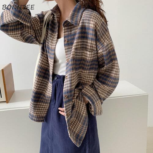 Plaid Jackets Women Chic All-match Long Sleeve Retro Ulzzang Thicker Soft Lady Oversized Outwear College Popular Femme Overcoats