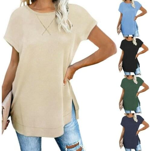 Womens O-Neck Short Sleeve Tunic Tops Side Split Plain Loose Ladies Tees