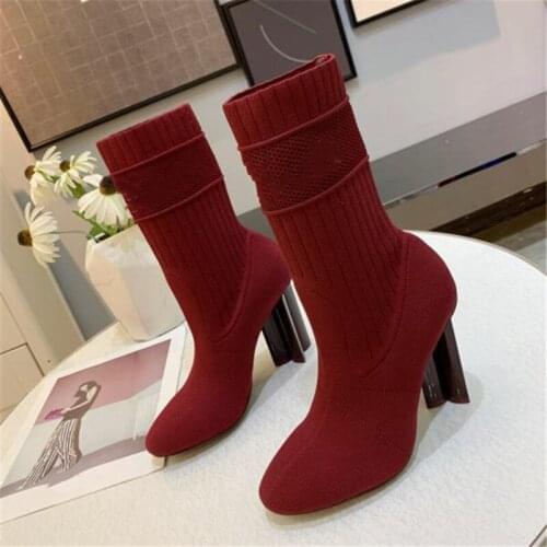 Knitted Warm Boots Slip-On Middle Tube Shoes Square Med Heel Womens Boots Casual All-match Shoes 2020 Winter Women Boots