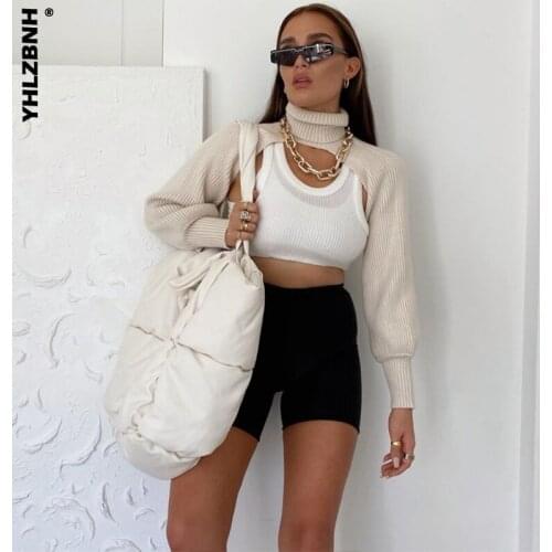 YHLZBNH Female Sweater Solid High Collar Long Puff Sleeve Hollow Out Knitwear Pullover for Women Black/Apricot