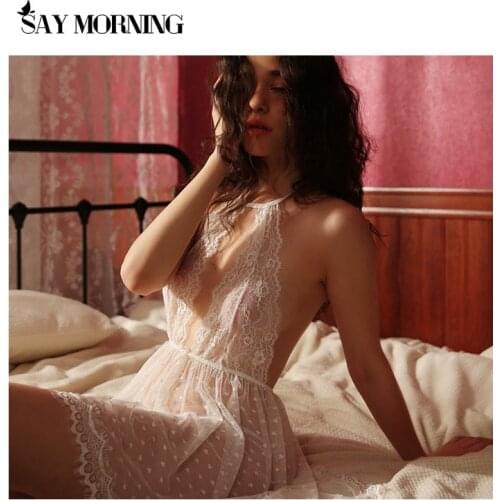 SAY MORNING Sexy Lace See Through Backless Women Night Dress Crew Neck Sleeveless Ruffles Sashes Lady Nightwear Mini Sleepwear
