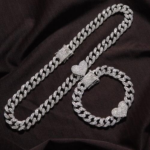 2Pc/Set Rapper Full Heavy Heart-shaped Cuban Link Bracelet Iced Women for Men Necklcae Chain Prong Pave Luxury Hiphop Jewelry Cz
