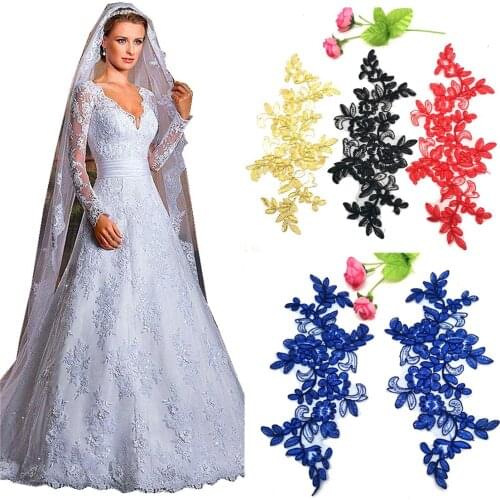 YACKALASI 5 Pairs Mirror Pair Wedding Lace Appliqued Trims Sequined Flower Embroidered Bridal Lace Motif White And Black 27*11cm