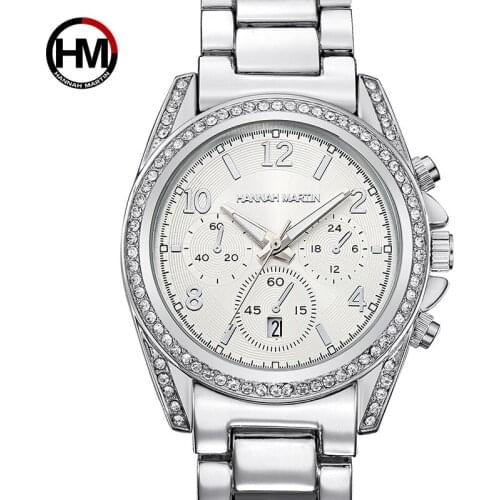 HANNAH MARTIN Luxury Silver Women Bracelet Watches Crystal Ladies Watch Quartz Wristwatch Steel Strap relogio feminino Calendar